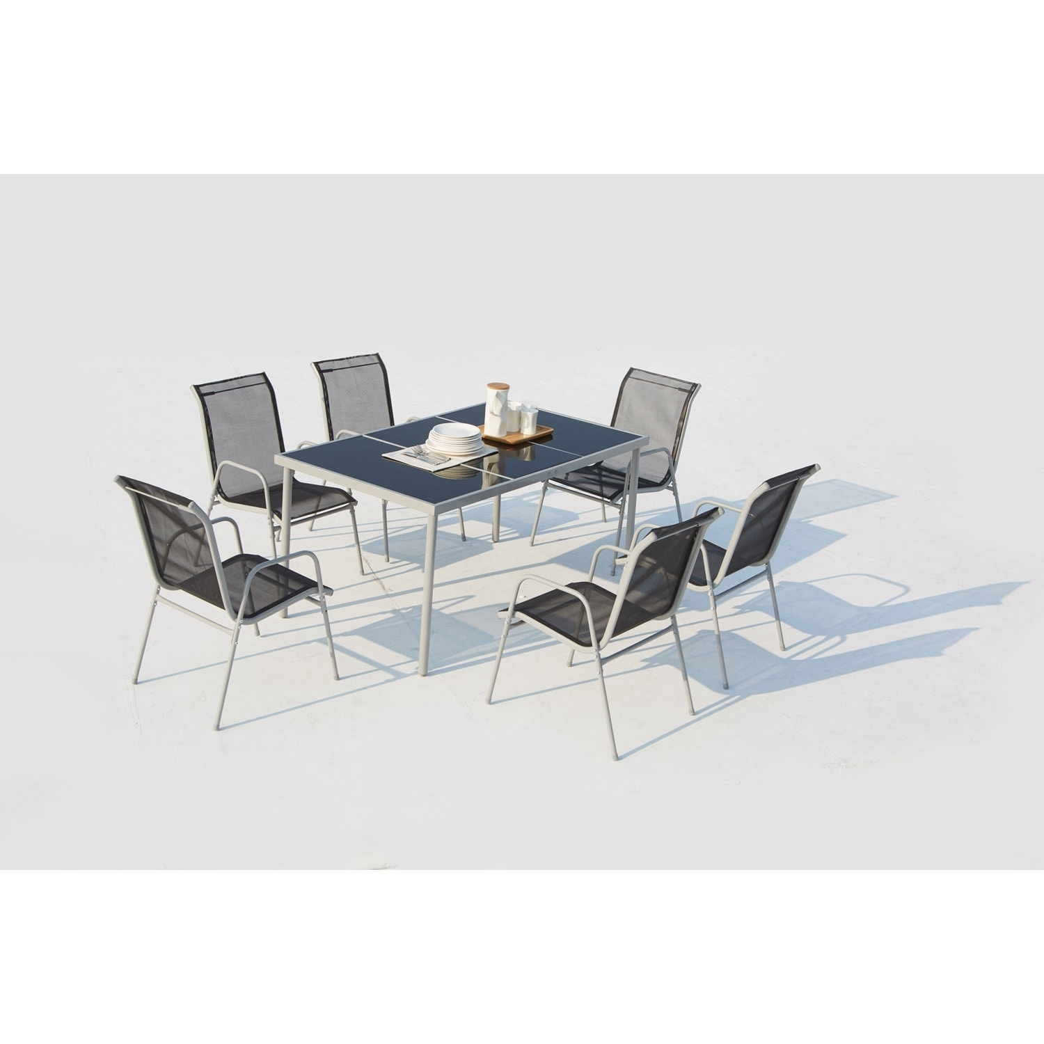 Table de jardin et 6 chaises en acier et toile PVC gris ATIMA