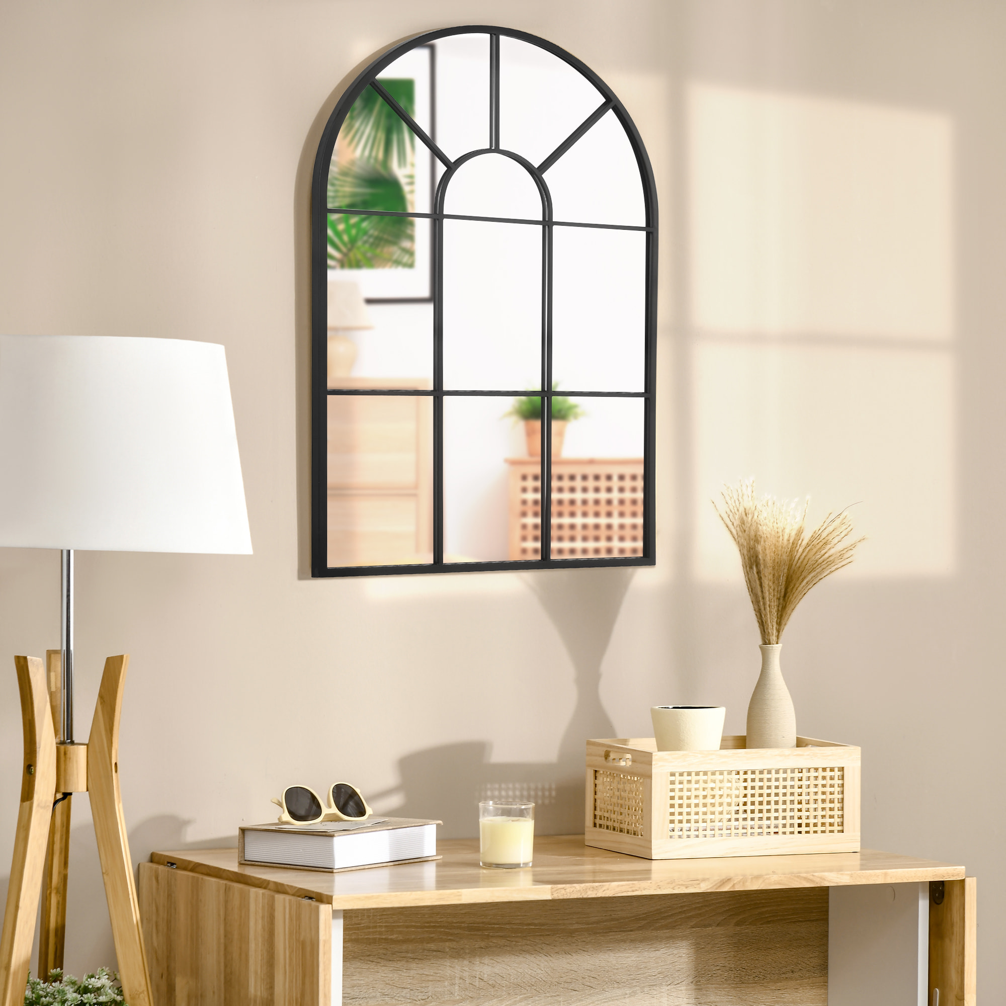 Miroir mural aspect verrière style classique chic - dim. 60L x 90H cm - métal noir verre 3 mm