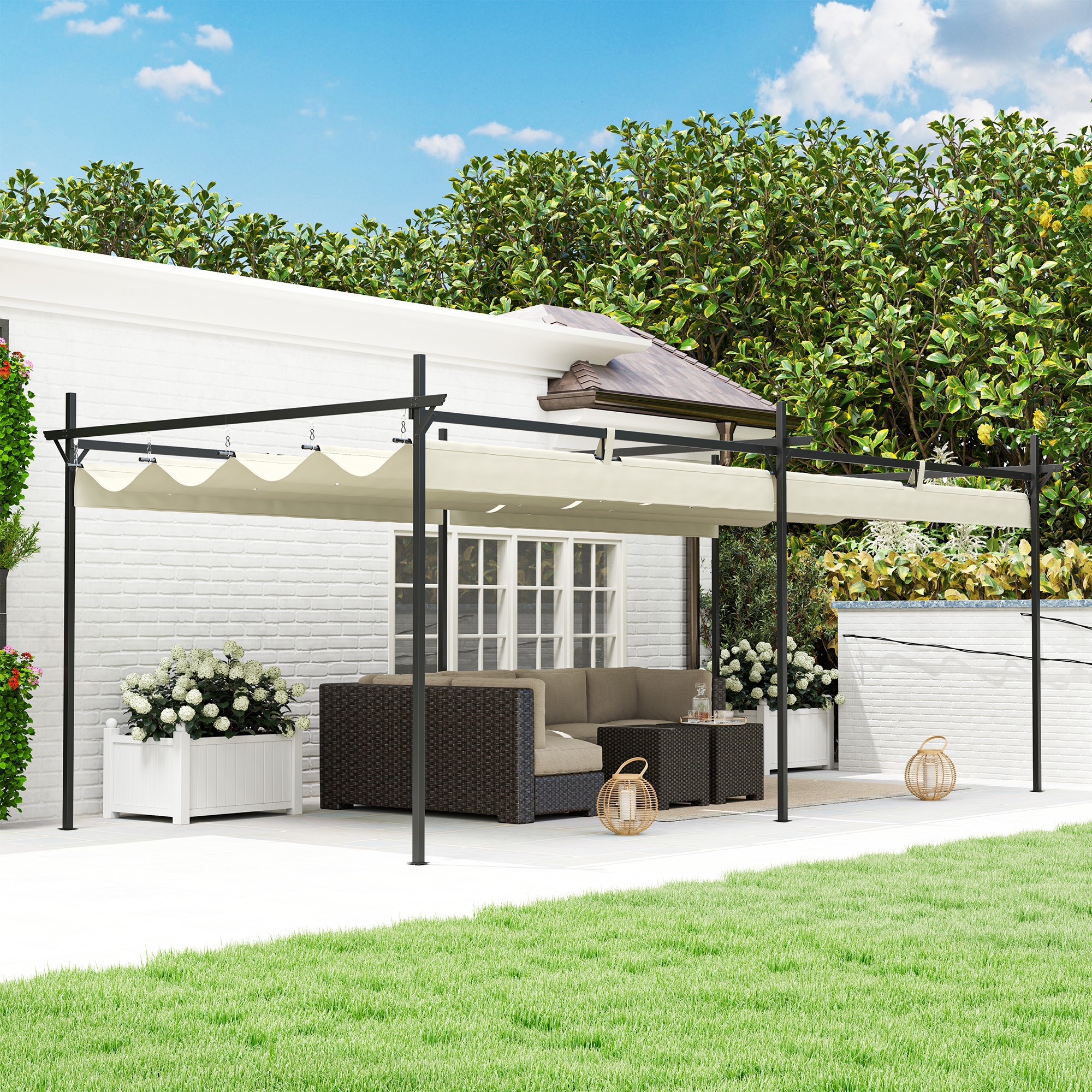 Pérgola con Techo Retráctil Pérgola de Aluminio 6x3 m Cenador con Tela de Poliéster Anti-UV Resistente al Agua Pabellón para Jardín Patio Terraza Exterior Crema