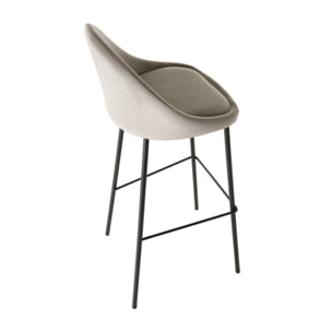TOM - Lot de 2 tabourets de bar velours chamois beige pieds métal noir hauteur d'assise 80cm