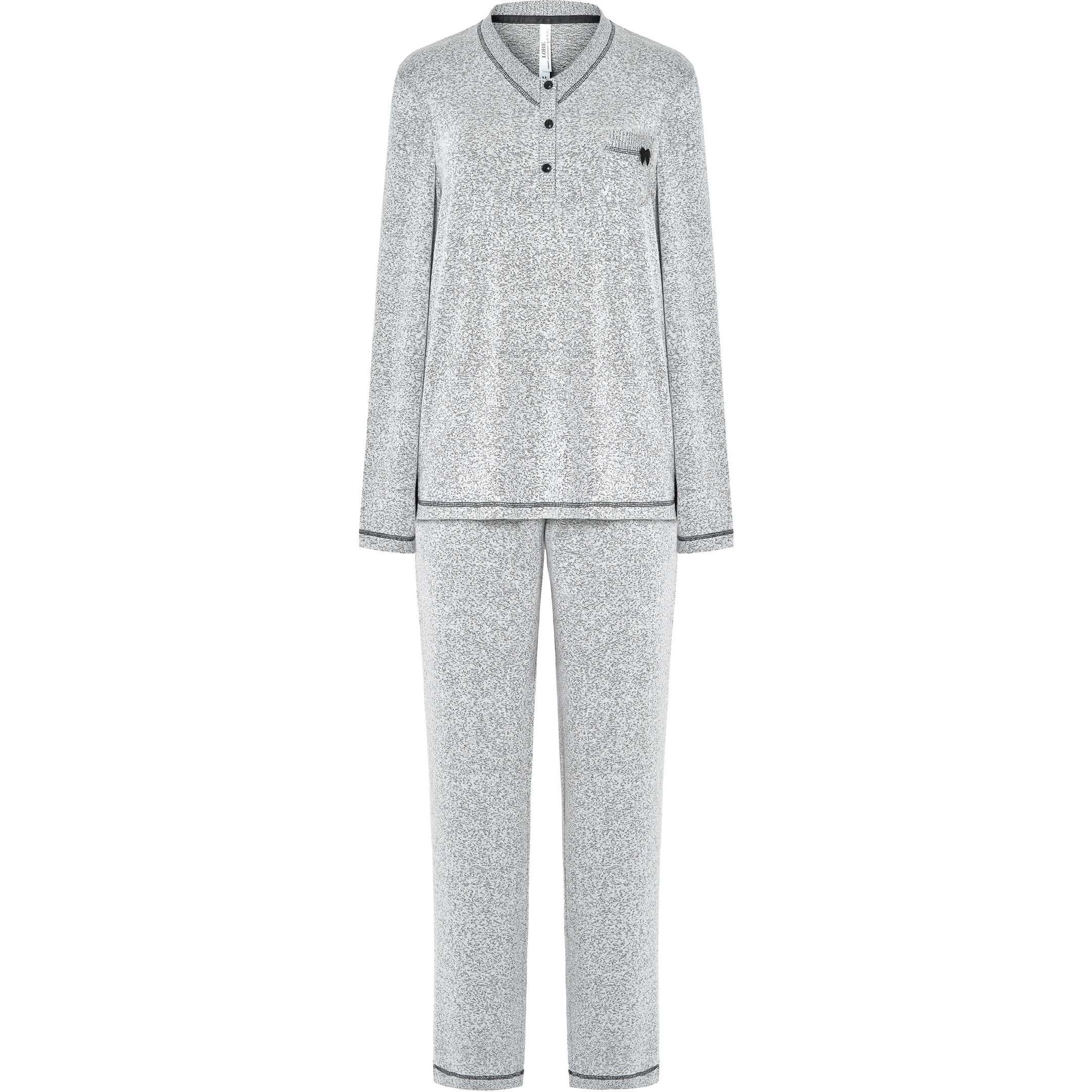 Pijama mujer con agradable tejido vigoré, escote en pico con una práctica abertura de botones, manga larga y pantalón largo