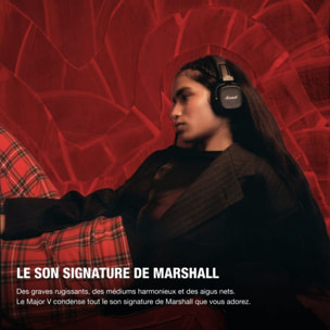 Casque MARSHALL Major V Noir - Bluetooth, autonomie 100h, pliable
