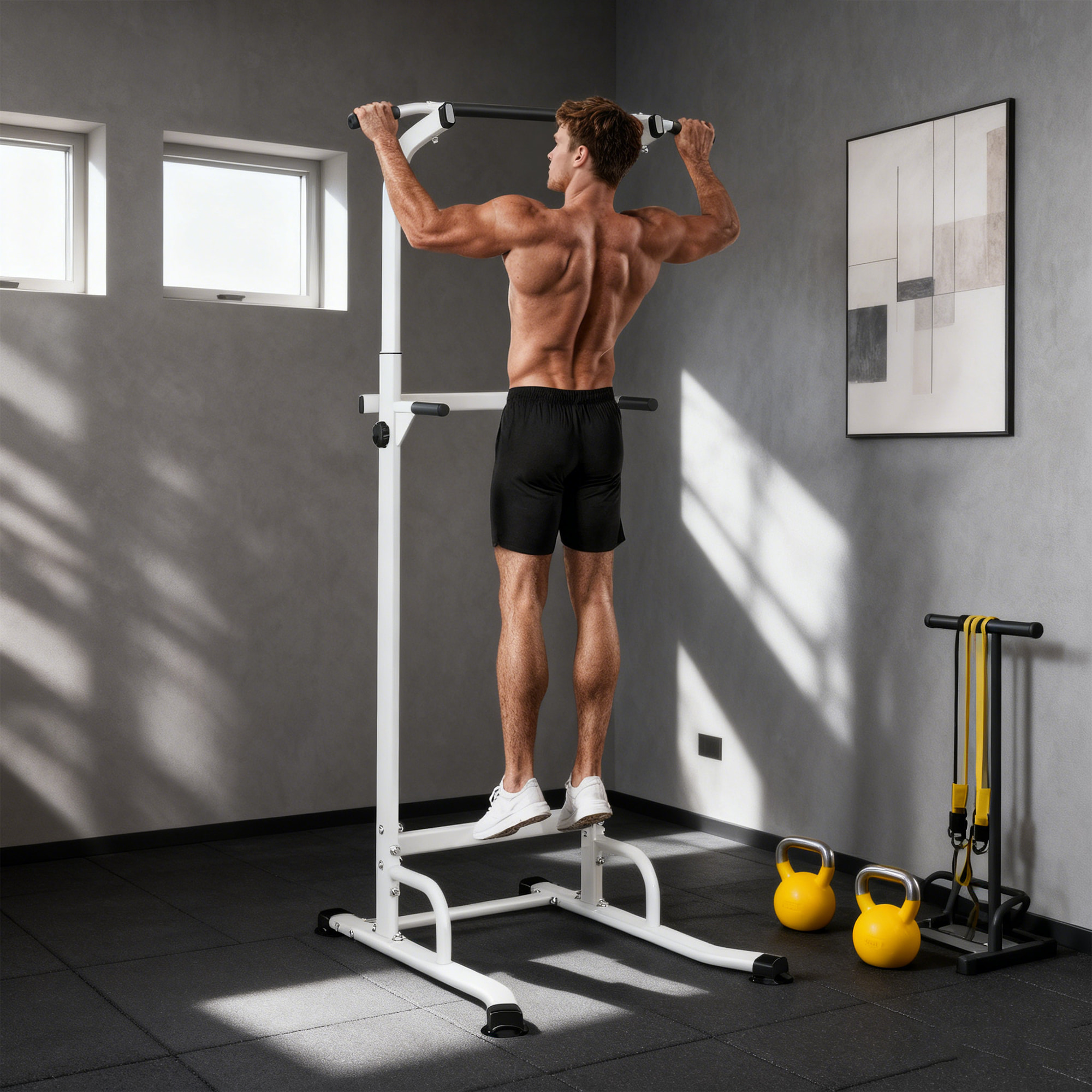 Barra de Dominadas Altura Regulable 176,5-227 cm, Estación de Fondos Resistente para Gimnasio en Casa, Máquina Dominadas Multifuncional, para Entrenamiento de Fuerza, Carga 120 kg