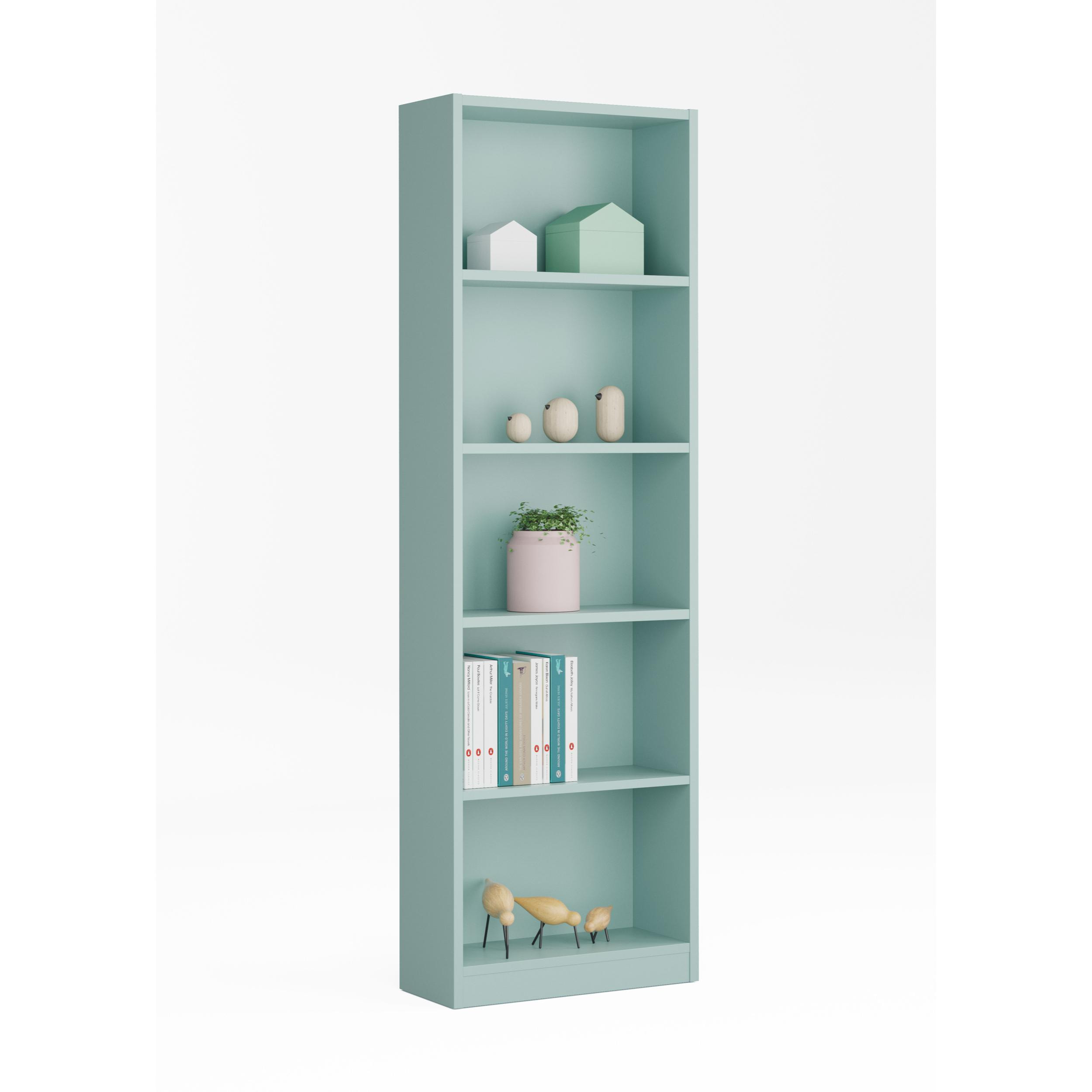 Libreria Pomona, Mobile portalibri alta a 5 ripiani, Scaffale da ufficio o cameretta, Scaffale moderno con scomparti, cm 52x25h80, Verde acqua