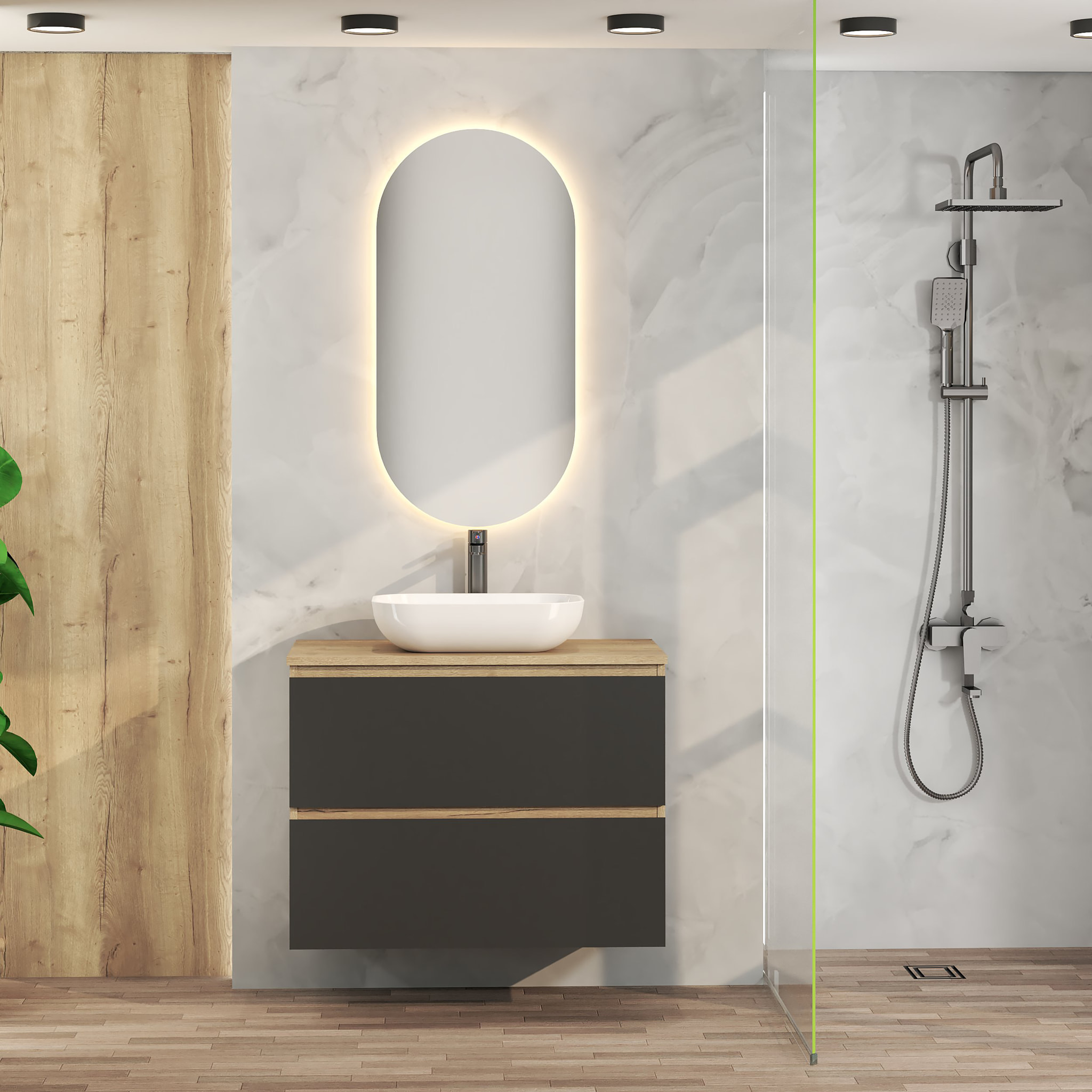 Conjunto de Baño Nia | Mueble Suspendido | 80 cm Negro | Dos Cajones | Lavabo Sobrepuesto | No incluye Espejo | Mueble Montado| Alday