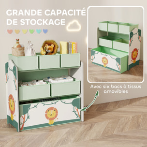 Étagère de rangement enfant design lion - 6 tiroirs en tissu - MDF - vert