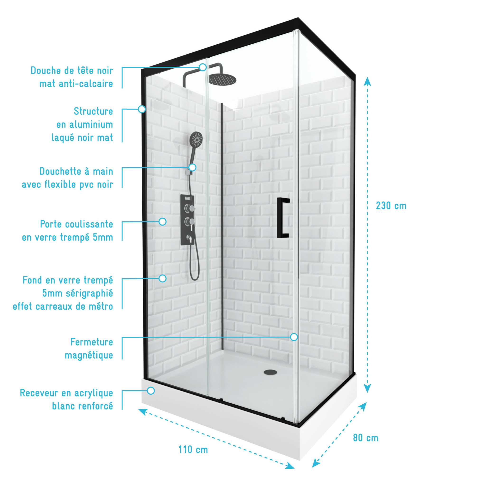 Cabine de douche rectangle 80x110x230cm à motif carreaux de métro - UNDERGROUND RECTANGLE 110