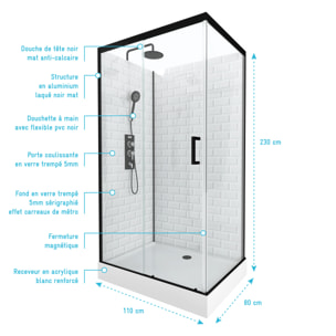 Cabine de douche rectangle 80x110x230cm à motif carreaux de métro - UNDERGROUND RECTANGLE 110