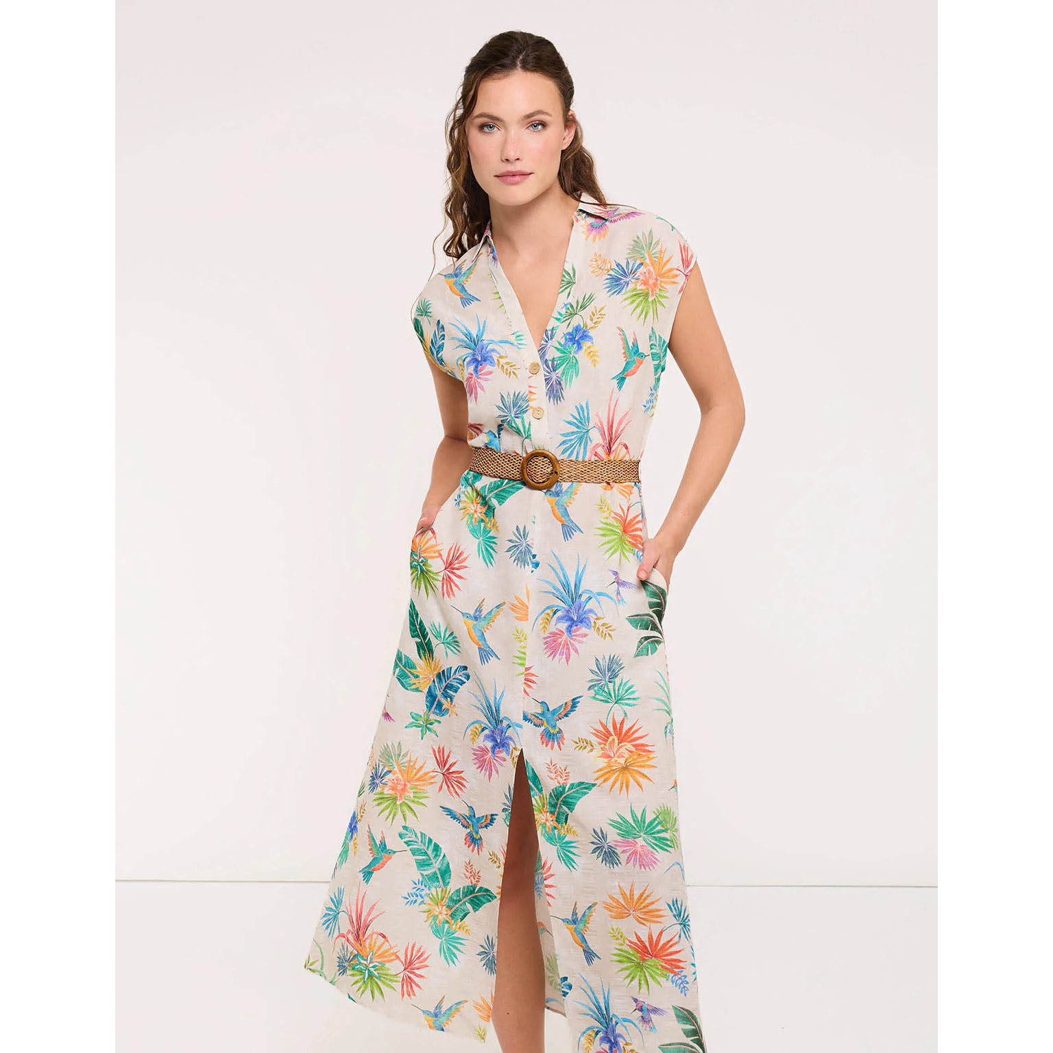 Vestido Largo Colibríes con Cinturón - Tropica