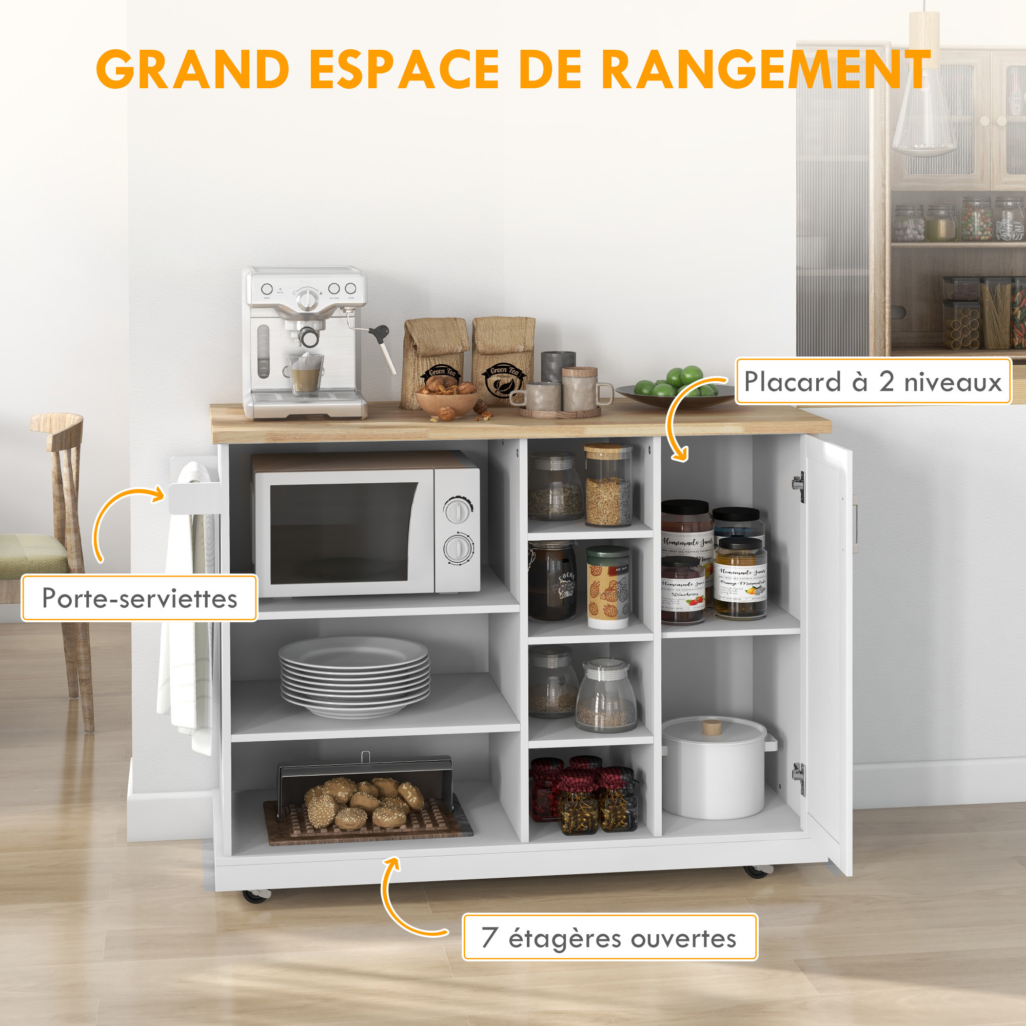 Desserte de cuisine îlot multi-rangement MDF blanc plateau bois hévéa verni