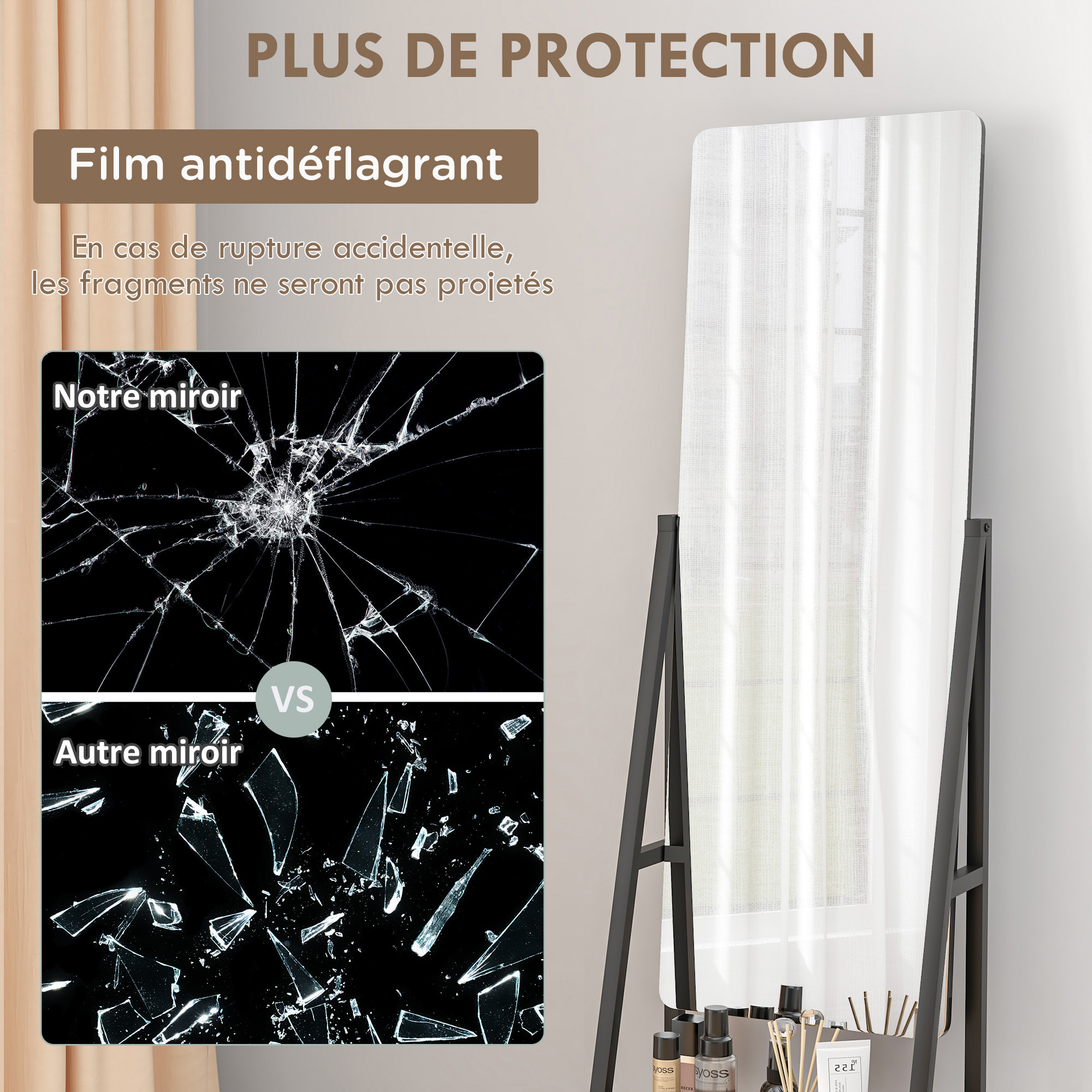 Miroir sur pied rectangulaire avec roulettes angle réglable 2 étagères dim. 42L x 37l x 155H cm verre bois rustique noir