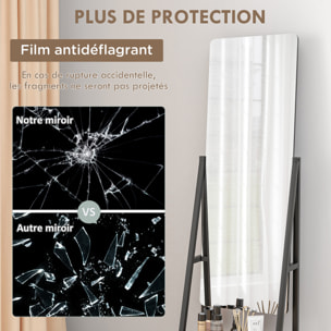 Miroir sur pied rectangulaire avec roulettes angle réglable 2 étagères dim. 42L x 37l x 155H cm verre bois rustique noir