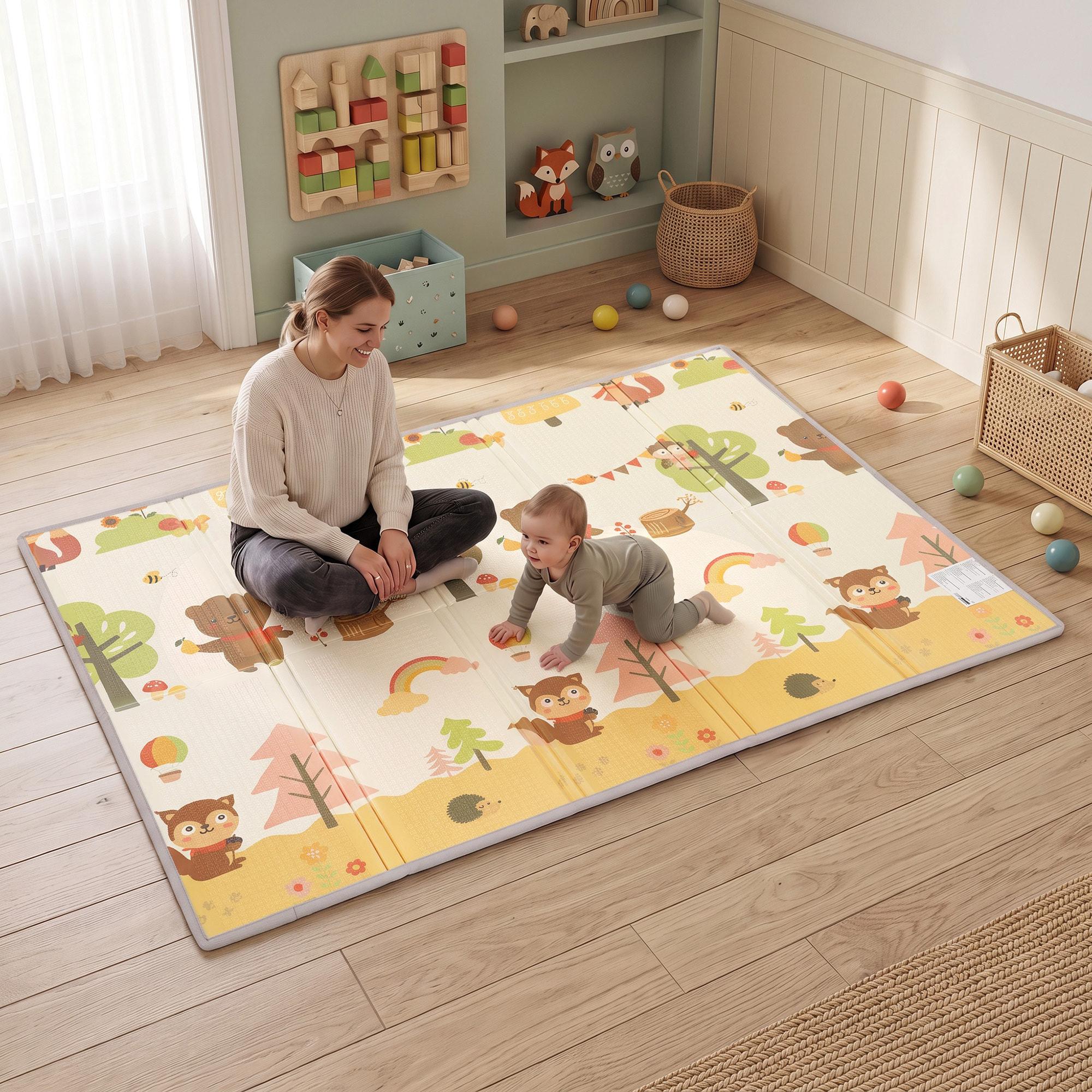 Alfombra de Juego Bebé, Plegable y Reversible, 200x150 cm, Alfombra Educativa Antideslizante e Impermeable, Diseño Árbol y Bosque, para Gateo, Jugar y Aprendizaje, para Salón y Dormitorio