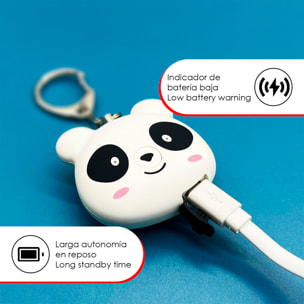 Allarme SOS personale con design panda e suono di 130dB. Batteria ricaricabile e attivazione rapida tirando l'anello.