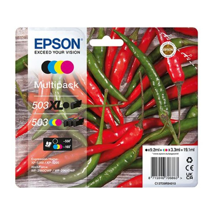 Cartouche d'encre EPSON Pack Multipack 4 Originales 503 (Noir XL + 3 Couleurs) - C13T05A54010
