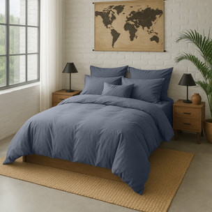 Drap housse percale de coton lavé bleu forever