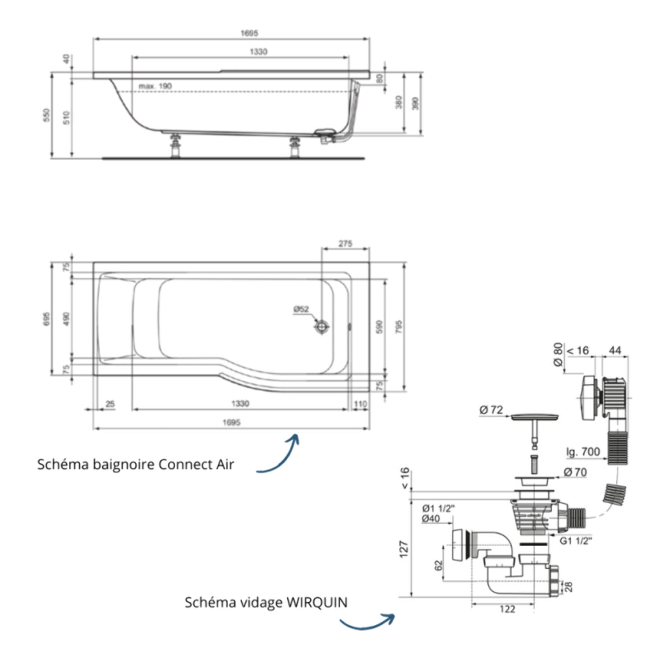 Baignoire bain douche 170 x 80 cm droite Connect Air + vidage Doré