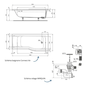 Baignoire bain douche 170 x 80 cm droite Connect Air + vidage Doré