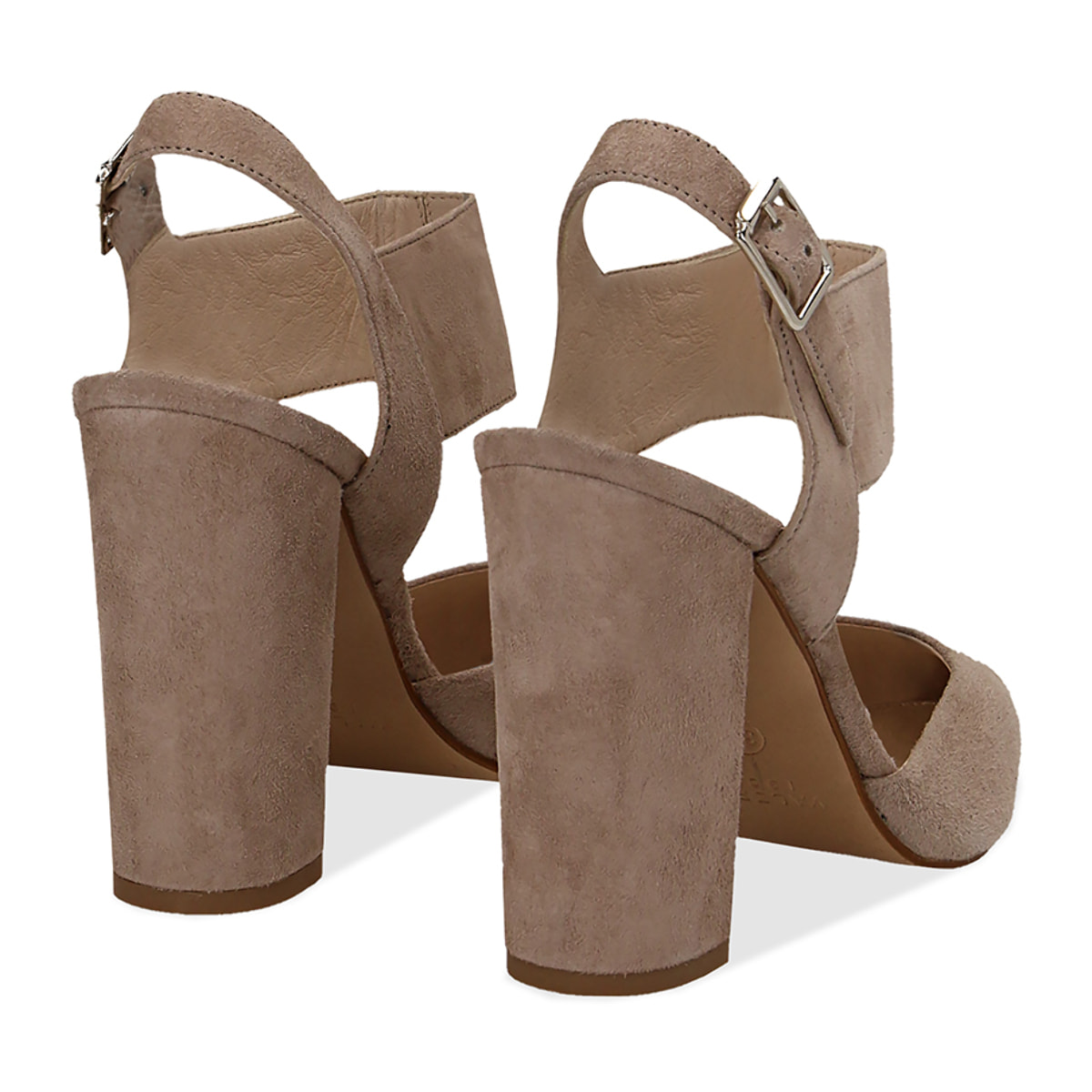 Slingback taupe in camoscio con maxi-fascia, tacco 10,50 cm