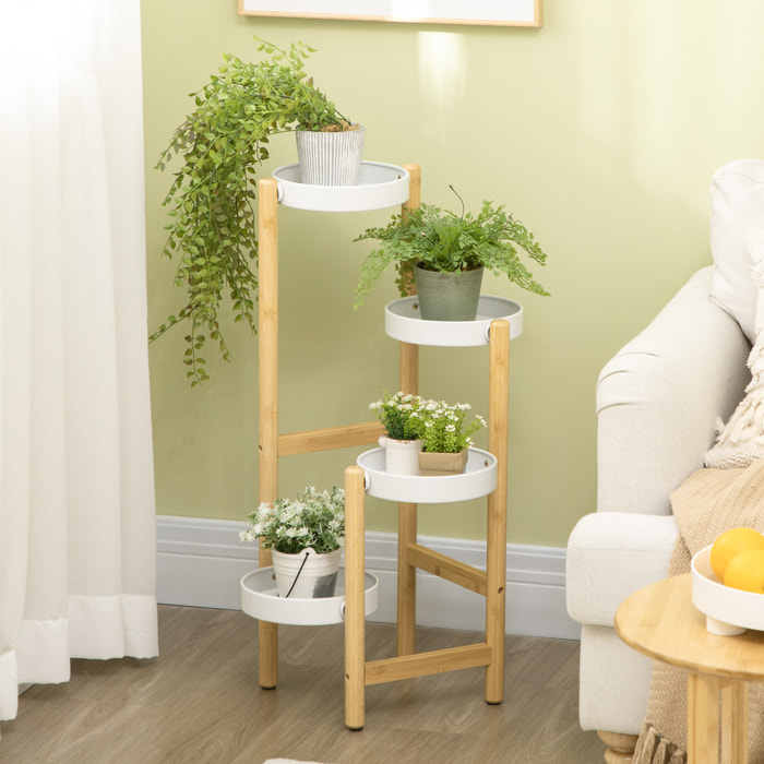 Soporte para Plantas Estantería para Plantas con Pies de Bambú Estantería para Flores con 4 Estantes Redondos Carga 20 kg para Interior y Exterior Ø28x80 cm Natural y Blanco