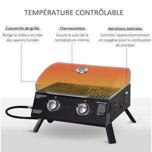 Barbecue gaz de table transportable pieds pliables - 2 brûleurs 5 kW - barbecue gaz de camping - grille de cuisson, réceptacle graisse, thermomètre - acier noir