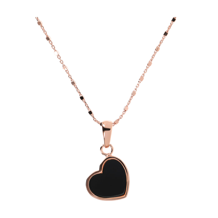 Collana Catena a Cubetti con Pendente Cuore Piccolo in Pietra Naturale Onice Nero