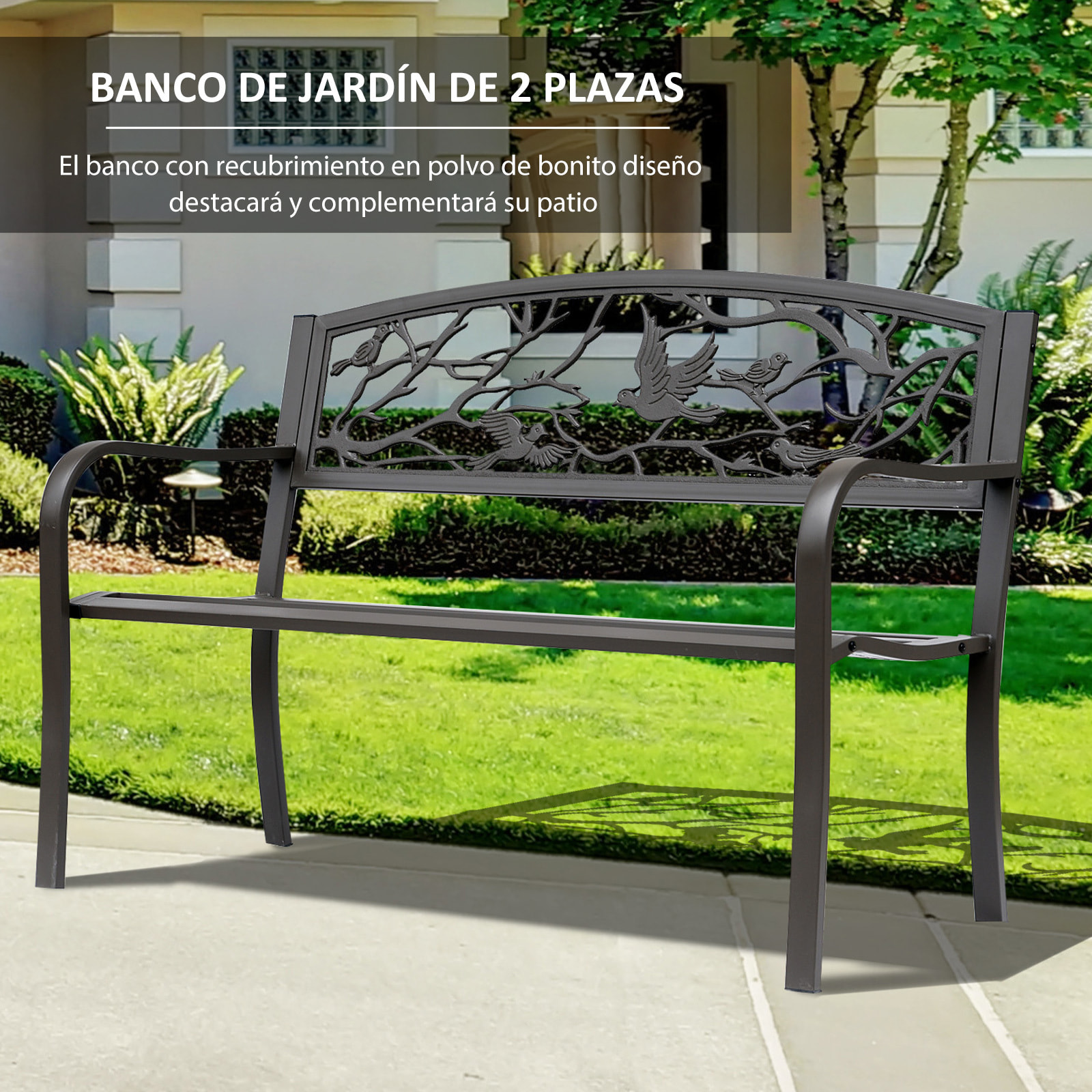 Banco de Jardín de Acero Banco de Exterior con Apoyabrazos y Respaldo con Imagen de Animales Carga 240 kg para Patio Terraza 127x60x85 cm Marrón