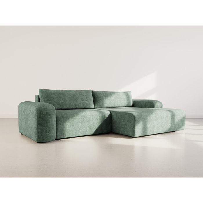 Rebecca - canapé d'angle droit 4 places convertible avec coffre en velours texturé - Vert