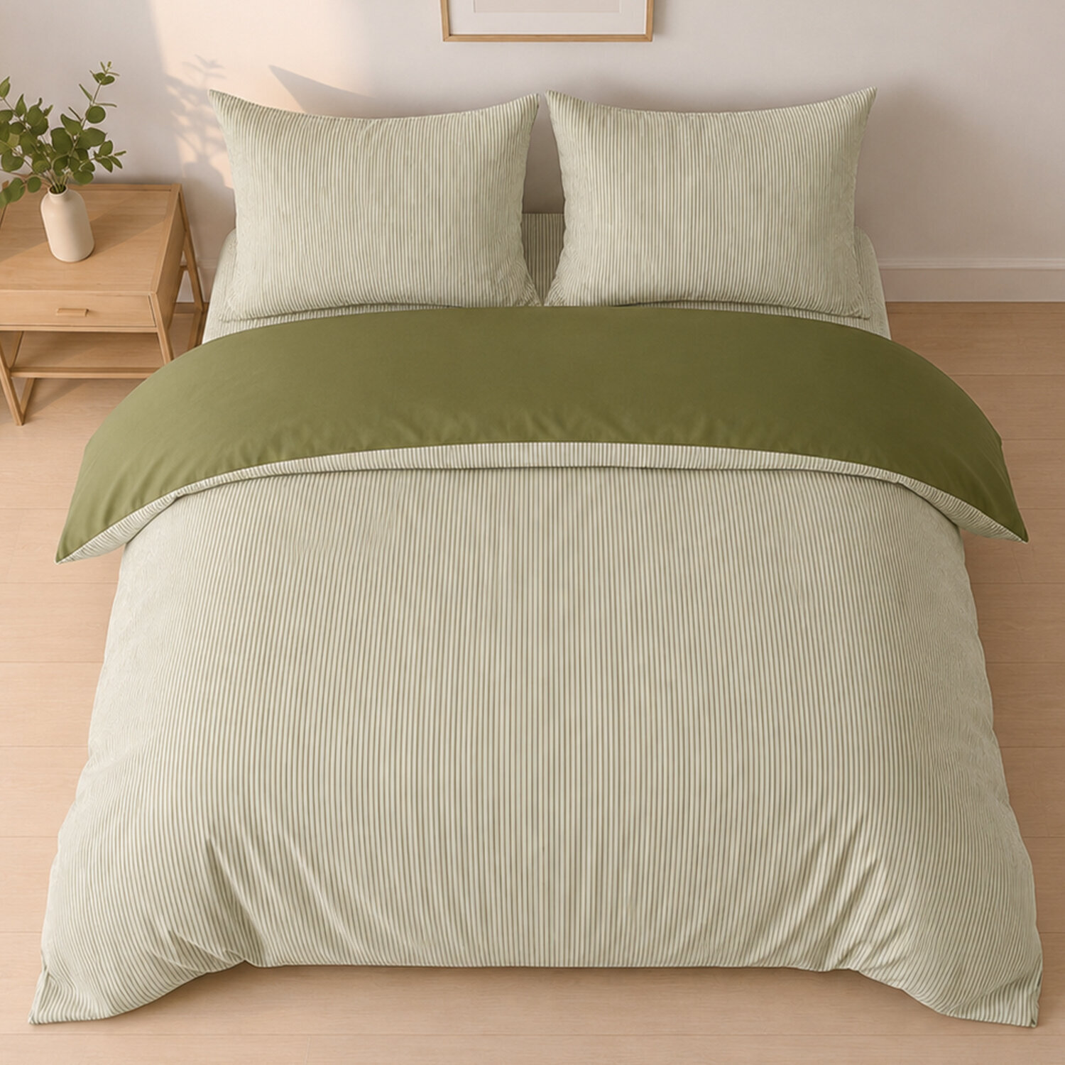 Parure housse de couette mini seersucker rayures vert olive, MILLERAY
