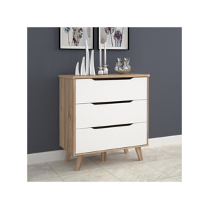 Commode 3 tiroirs effet bois chêne naturel et blanc mat - WANDA