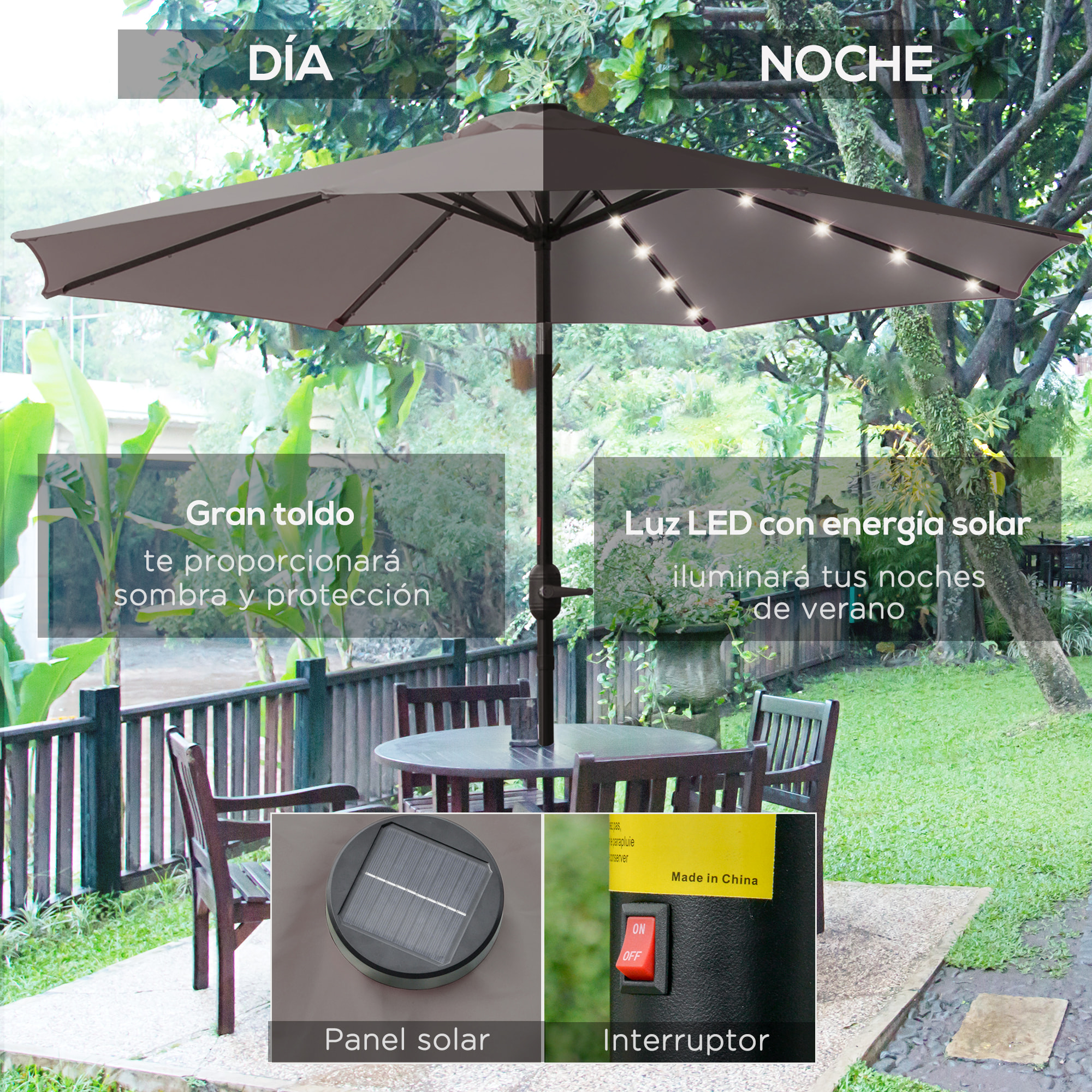Sombrilla de Jardín con 32 Luces LED Solares Ø265x233 cm Parasol Inclinable con Manivela y Poste de Acero para Terraza Patio Exterior Gris