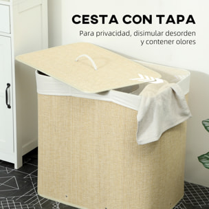 Cesto de Ropa Sucia con Tapa, 144L, Cesta Ropa Sucia de Bambú con 3 Compartimentos, Bolsa Interior Extraíble y Lavable, Asas, para Lavandería, Dormitorio, 60x40x60 cm, Crema