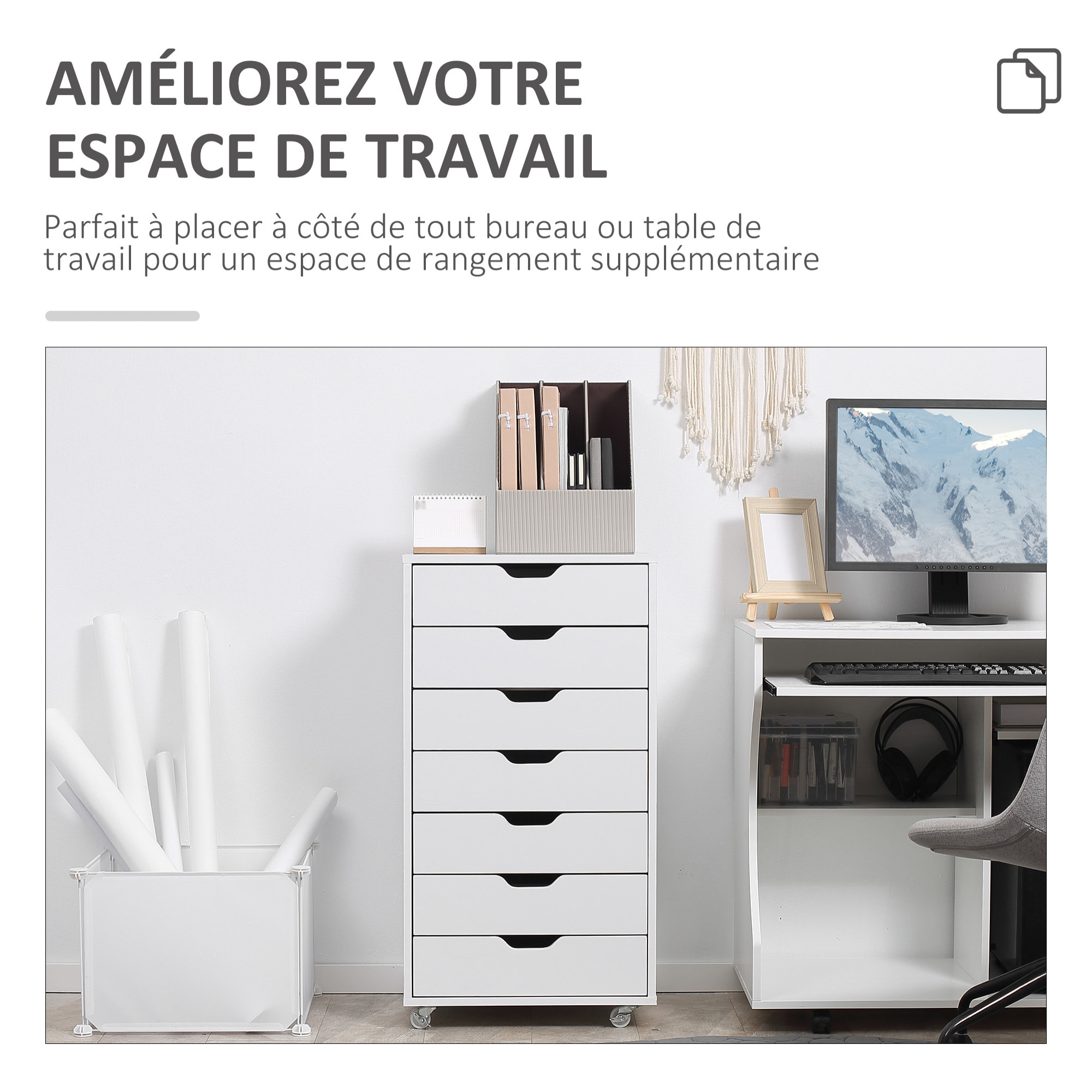 Caisson bureau - rangement bureau 7 tiroirs - dim. 47,5L x 39,5l x 90H cm - blanc