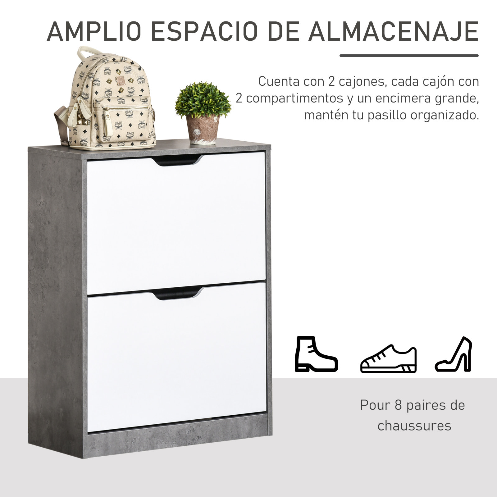 Mueble Zapatero de Recibidor Armario Zapatero Moderno con 2 Cajones Abatibles Estantes Ajustables para 8 Pares de Zapatos Zapatero Estrecho para Pasillo Entrada 62,5x26x81 cm Gris