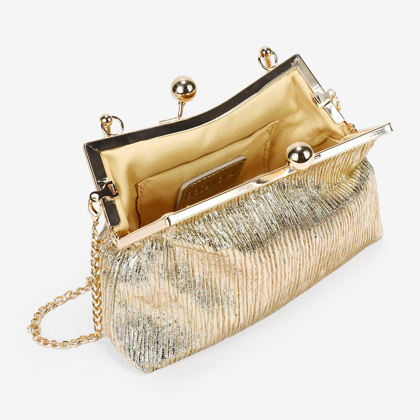 Bolso de fiesta dorado con boquilla y asa metálica