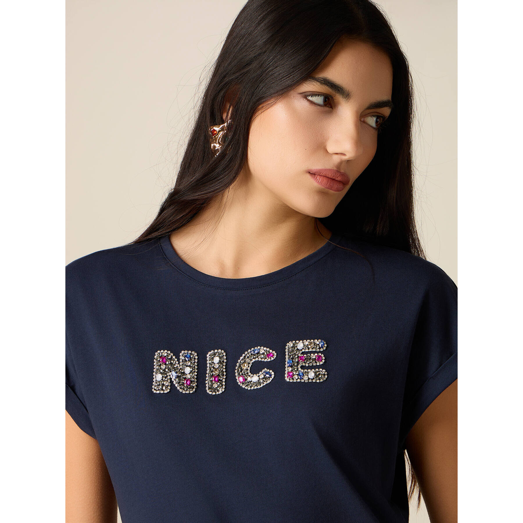 Oltre - T-shirt in cotone con patch gioiello - Blu