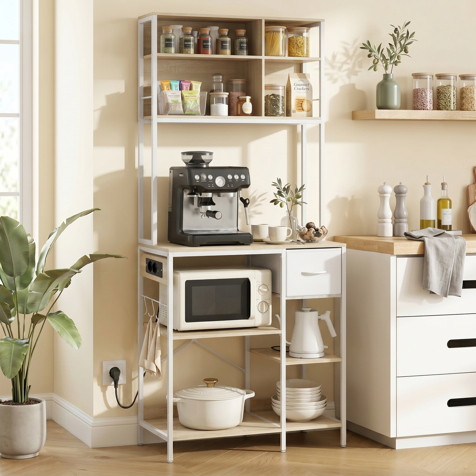 Estantería de Cocina con Enchufes y Puertos USB, Mueble Auxiliar de Cocina, Soporte de Microondas, 8 Estantes, 6 Ganchos, Cajón de Tela, para Espacios Reducidos, 80x40x181 cm, Roble
