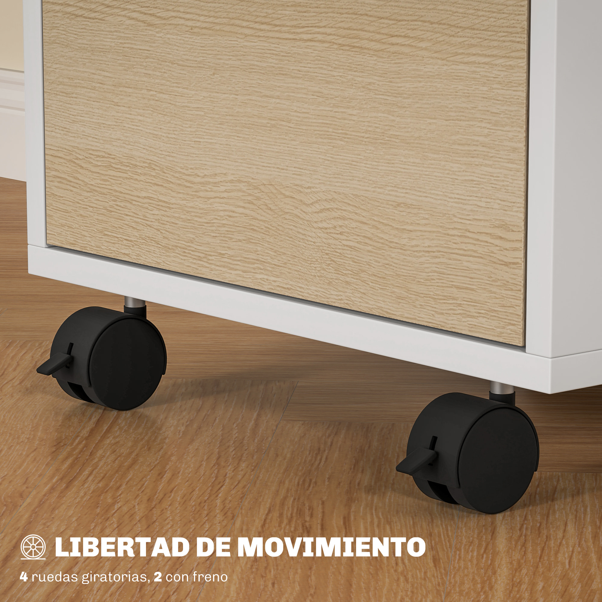 Cajonera de Oficina Mueble Archivador con Ruedas 3 Cajones Cerradura y 2 Llaves para Estudio Salón 40x40x63,5 cm Blanco y Roble