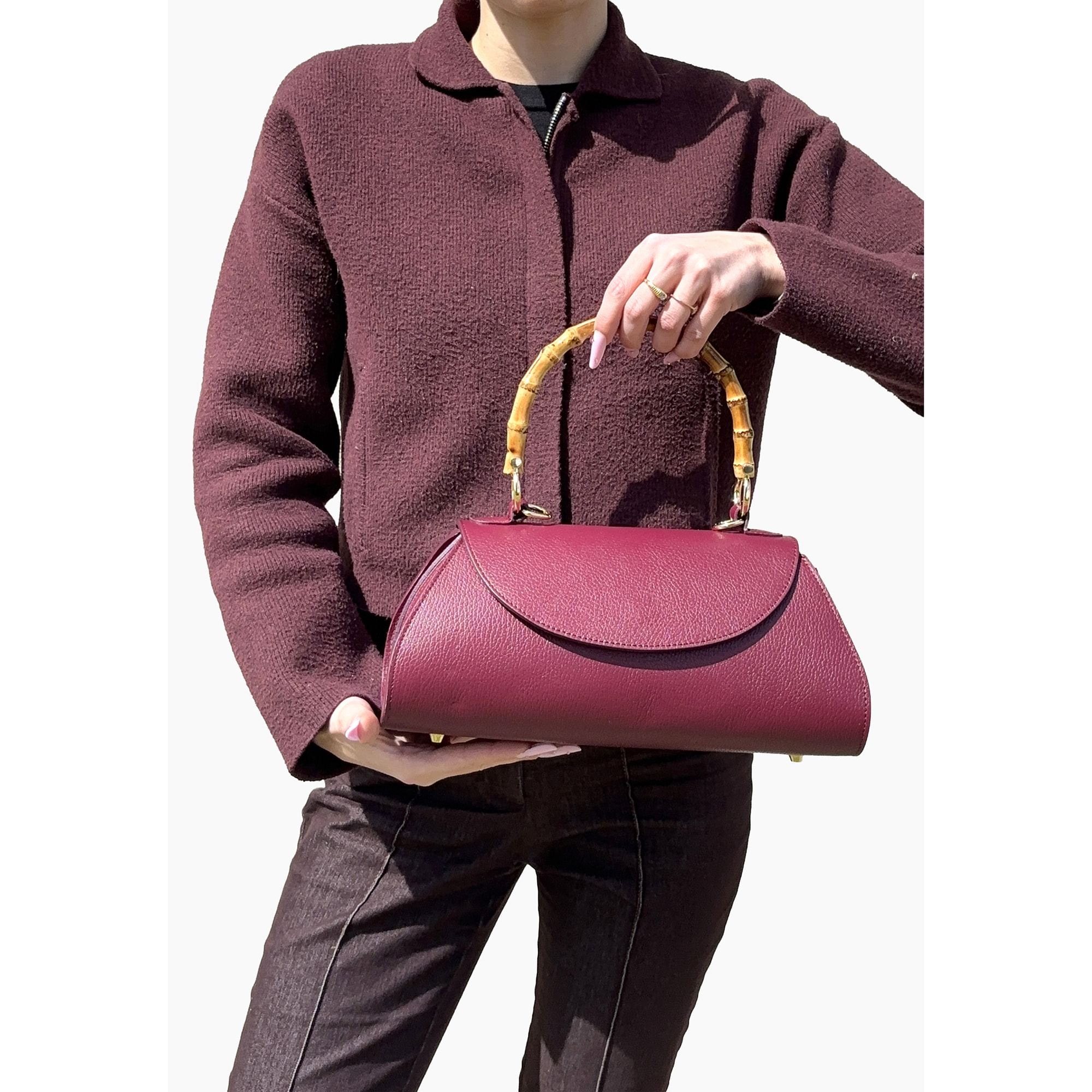 Borsa a Mano Elegante da Donna con Manico in Bambu in Pelle Martellata