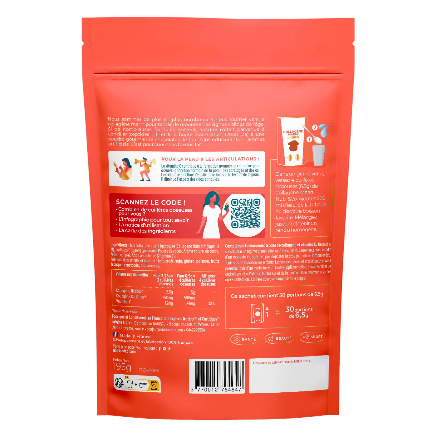 Nutri&Co Collagène Marin Type 1, 2 & 3 Peau & Articulations Goût Cacao - 240g