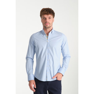 Camicia Uomo 1 Bottoni Button Down Slim Popeline Stretch Unito Celeste