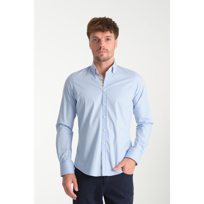 Camicia Uomo 1 Bottoni Button Down Slim Popeline Stretch Unito Celeste