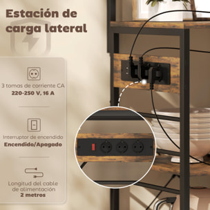 Estantería de Cocina con Tres Enchufes y Luces LED, Estantería de Panadería Industrial con Estantes para Microondas, Cesta de Malla Metálica, Ganchos, Barra 80x42x162 cm, Marrón Rústico y Negro