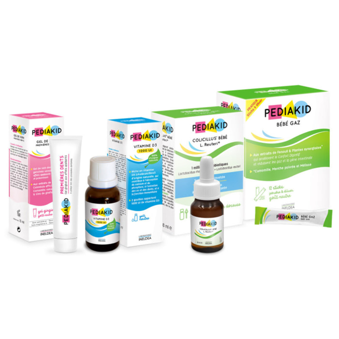 PEDIAKID - Box Bébé - Vitamine D3, Colicillus Bébé L. Reuteri+, Gel de Soin Premières Dents, Bébé Gaz - Soutient la croissance & développement - Aide à apaiser les troubles digestifs