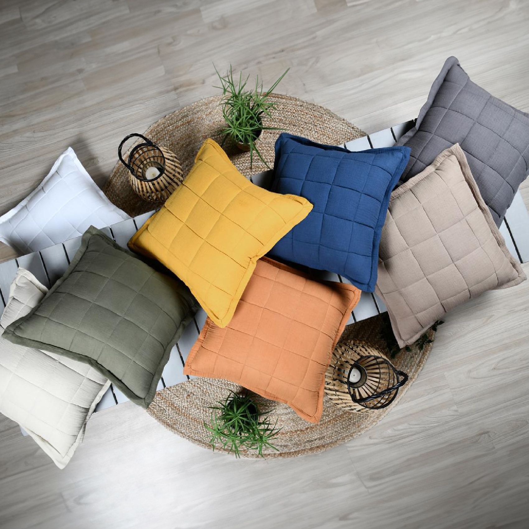 Coussin carré uni en gaze de coton surpiquée - Naturel