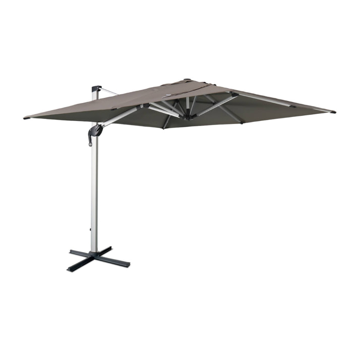 Parasol déporté haut de gamme carré 3x3m – PYLA Taupe – Toile Sunbrella ® fabriquée en France par Dickson. structure en aluminium anodisé. rotatif. housse de protection