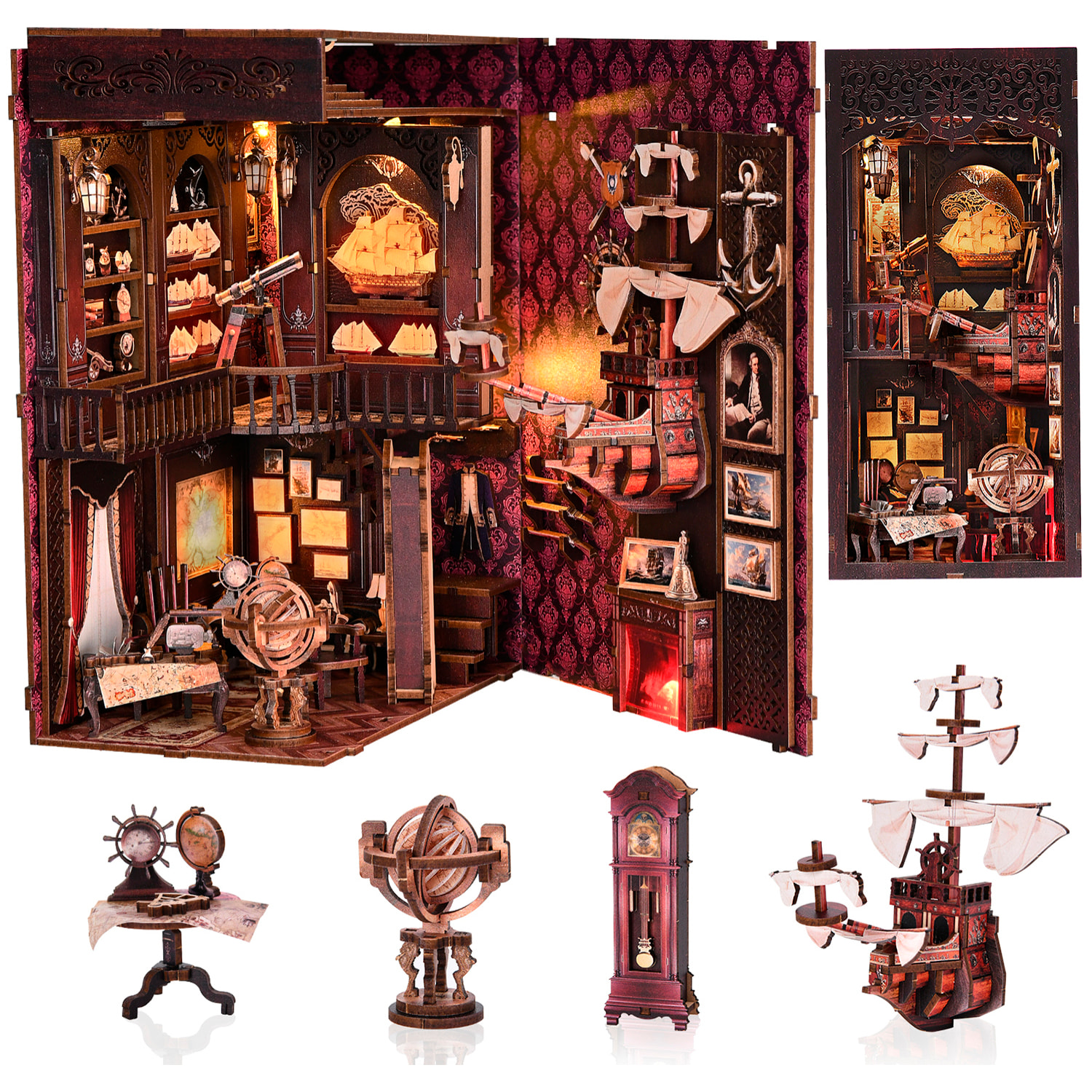 Memoria de navegación. Book Nook de madera, diseño 3D realista con gran detalle, cubierta y luces led.