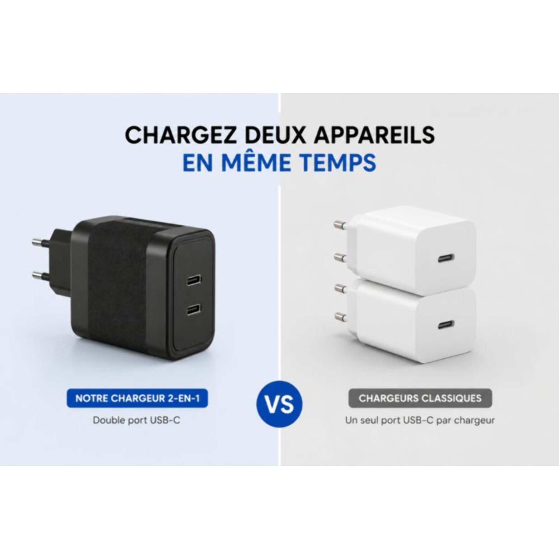 Chargeur ordinateur portable ADEQWAT 65W charge rapide 2 USB-C - Noir