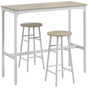 Ensemble 2 places 3 pièces design contemporain - table de bar, 2 tabourets de bar - acier blanc aspect bois blanc