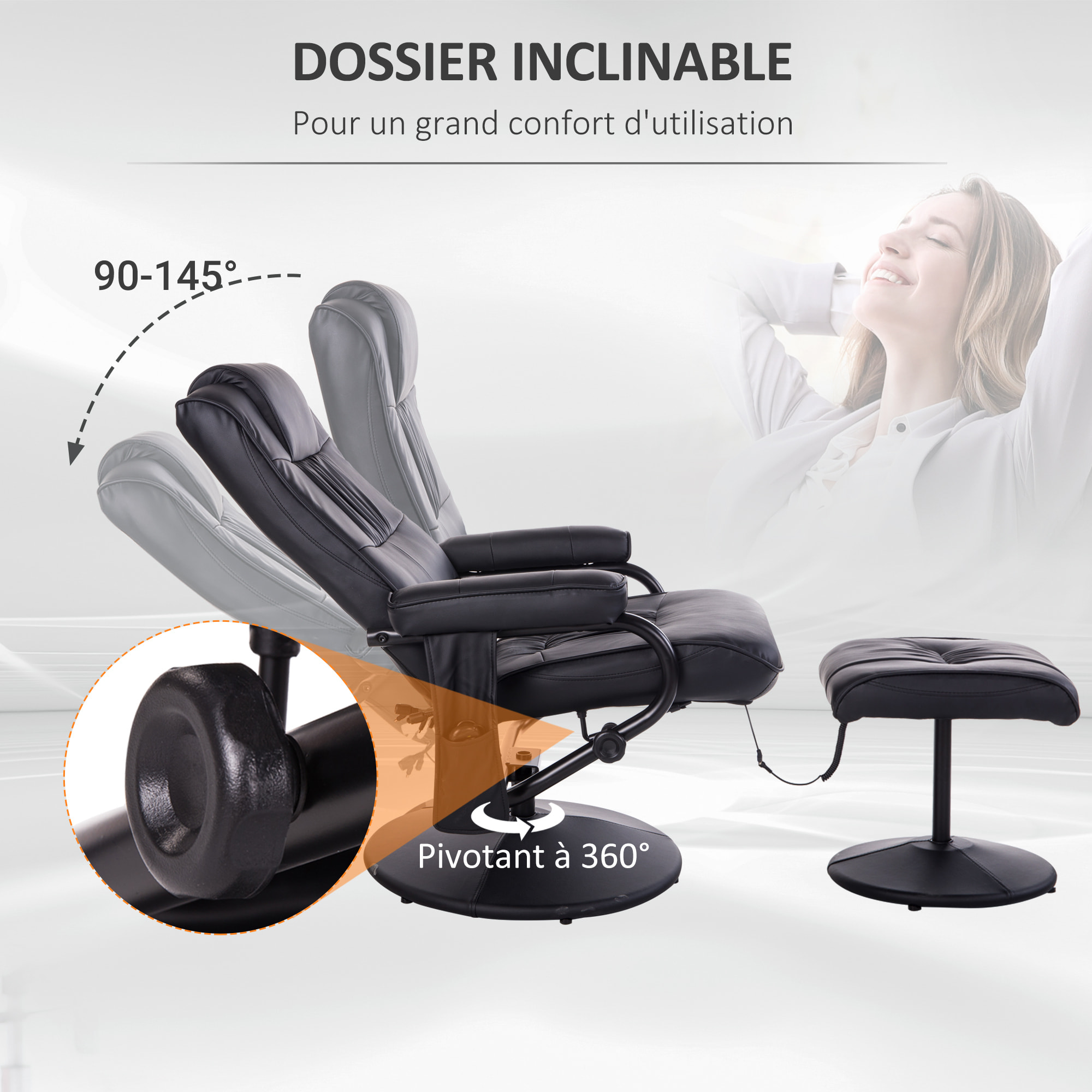 Fauteuil de massage et relaxation électrique pivotant inclinable avec repose-pied revêtement synthétique noir